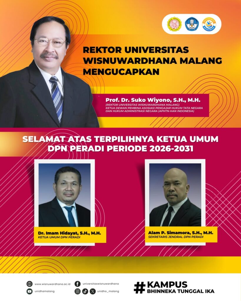 REKTOR UNIDHA MALANG SAMPAIKAN UCAPAN SELAMAT ATAS TERPILIHNYA KETUA UMUM DPN PERADI PERIODE 2026–2031