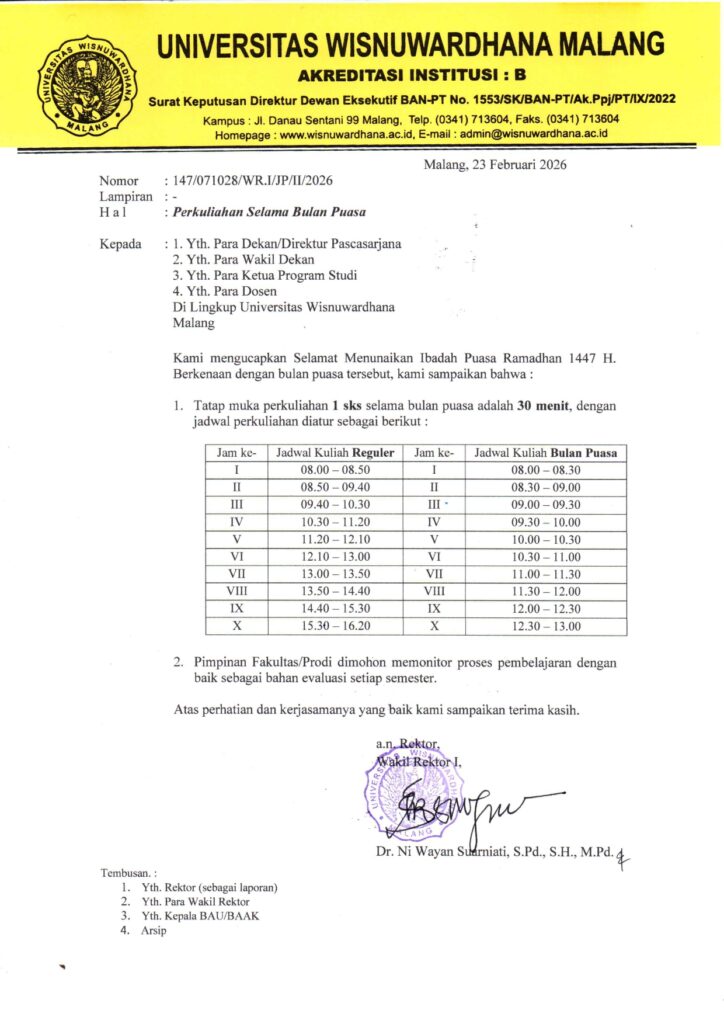 JADWAL PERKULIAHAN SELAMA BULAN RAMADLAN